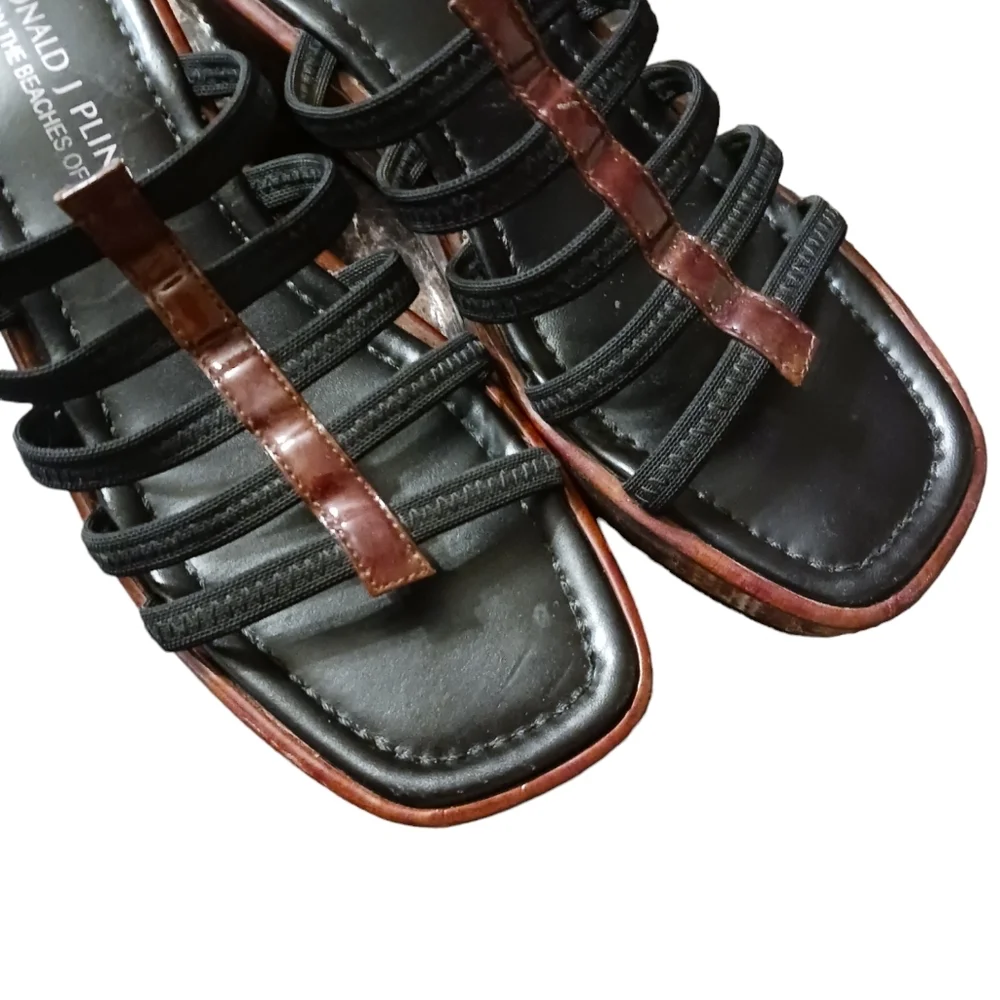 Donald J. Pliner Black and Brown Strappy Wedge Sandals